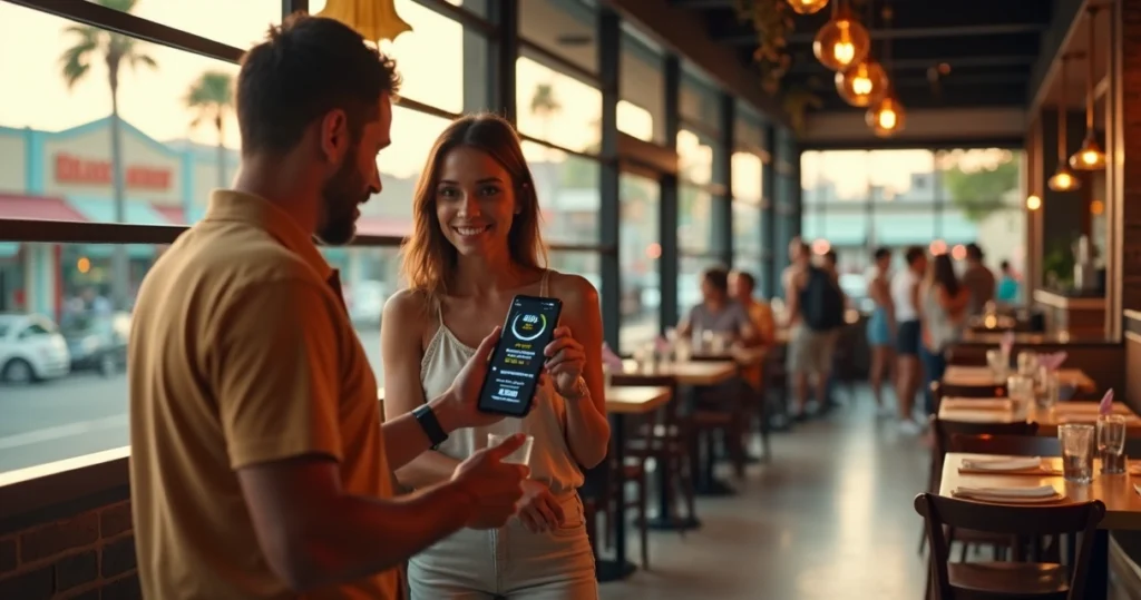 Casal usando app para entrar em restaurante de Orlando sem filas