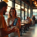 Casal usando app para entrar em restaurante de Orlando sem filas