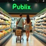 Casal andando por corredor iluminado do Publix em Orlando com carrinho cheio de compras