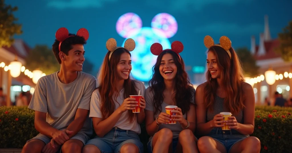 Grupo de adolescentes brasileiros em parque da Disney à noite segurando sorvetes e orelhas de Mickey