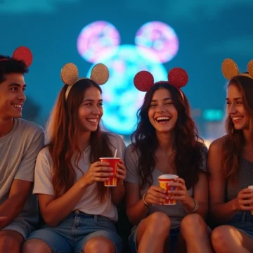 Grupo de adolescentes brasileiros em parque da Disney à noite segurando sorvetes e orelhas de Mickey