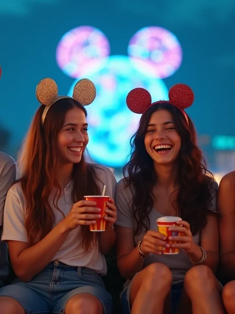 Grupo de adolescentes brasileiros em parque da Disney à noite segurando sorvetes e orelhas de Mickey