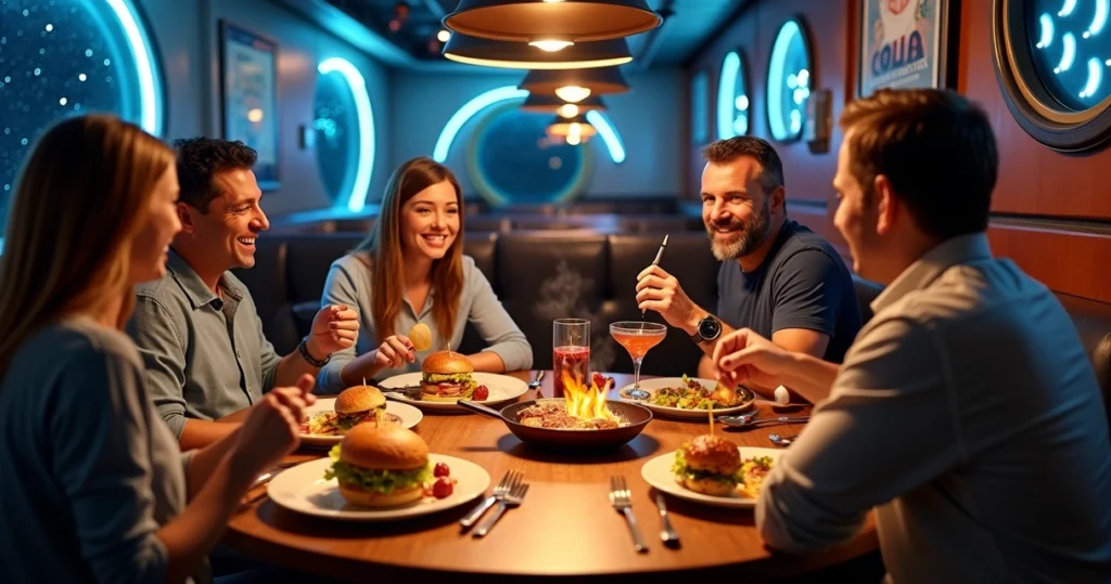 Grupo de adultos jantando em restaurante temático imersivo em Orlando