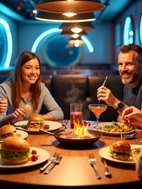 Grupo de adultos jantando em restaurante temático imersivo em Orlando