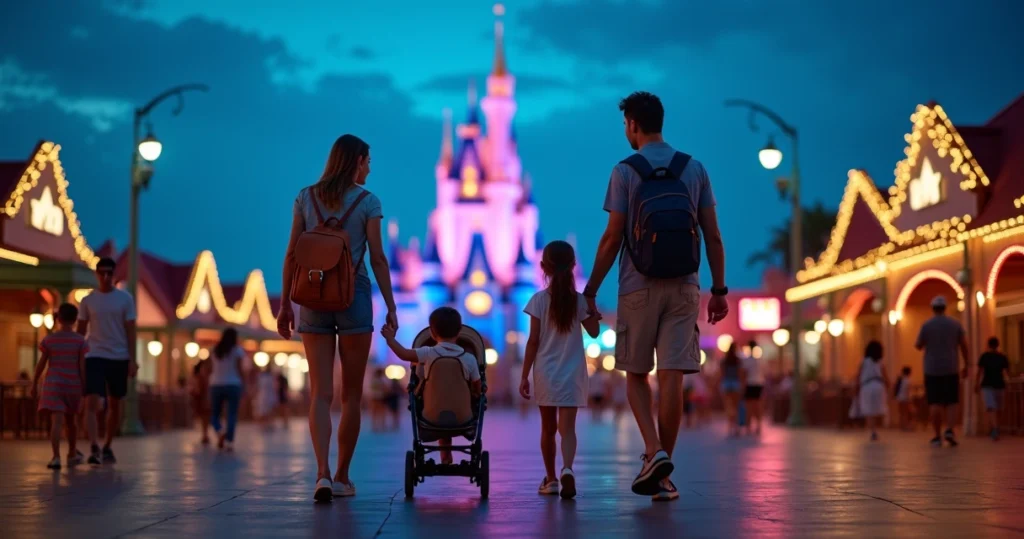 Família com crianças entrando no parque Epic ao anoitecer com castelo iluminado ao fundo