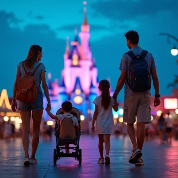 Família com crianças entrando no parque Epic ao anoitecer com castelo iluminado ao fundo