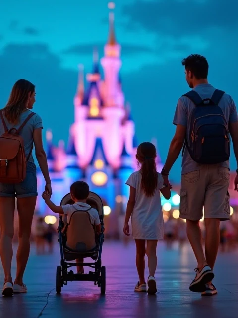 Família com crianças entrando no parque Epic ao anoitecer com castelo iluminado ao fundo