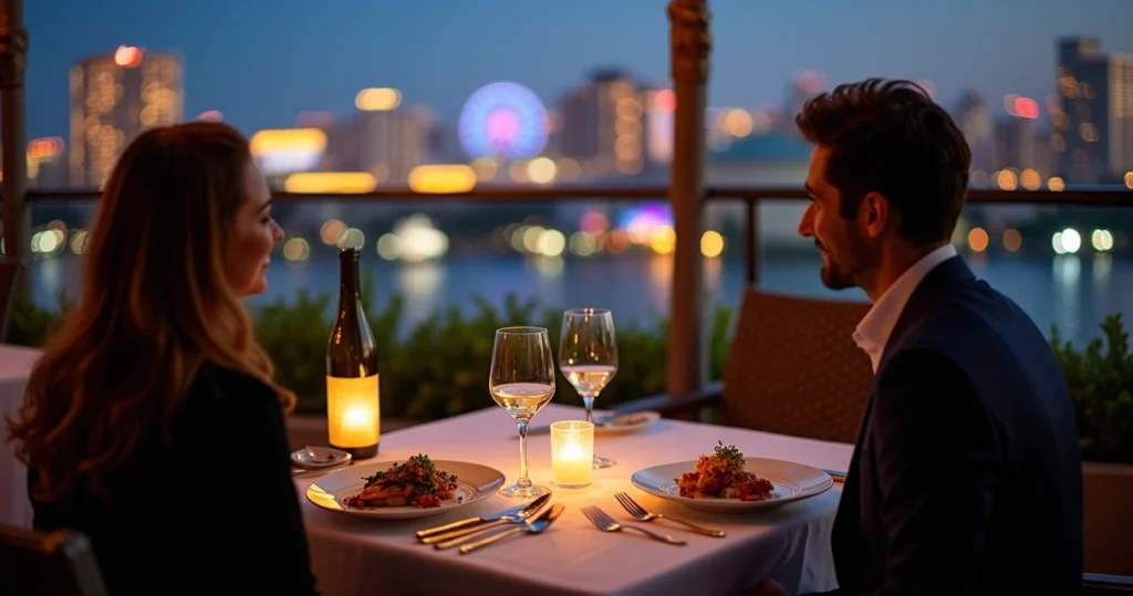 Mesa elegante ao ar livre com vista urbana iluminada em Orlando à noite