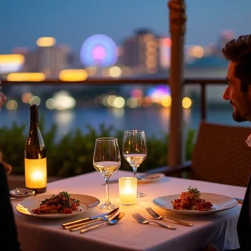 Mesa elegante ao ar livre com vista urbana iluminada em Orlando à noite
