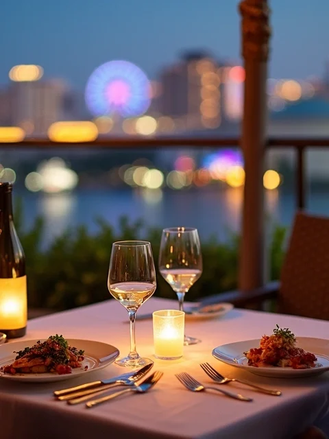 Mesa elegante ao ar livre com vista urbana iluminada em Orlando à noite