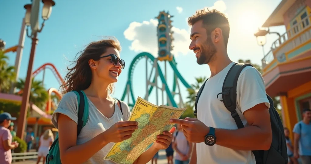 Turista apreensivo mas sorrindo olhando para montanha-russa ao fundo