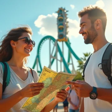 Turista apreensivo mas sorrindo olhando para montanha-russa ao fundo