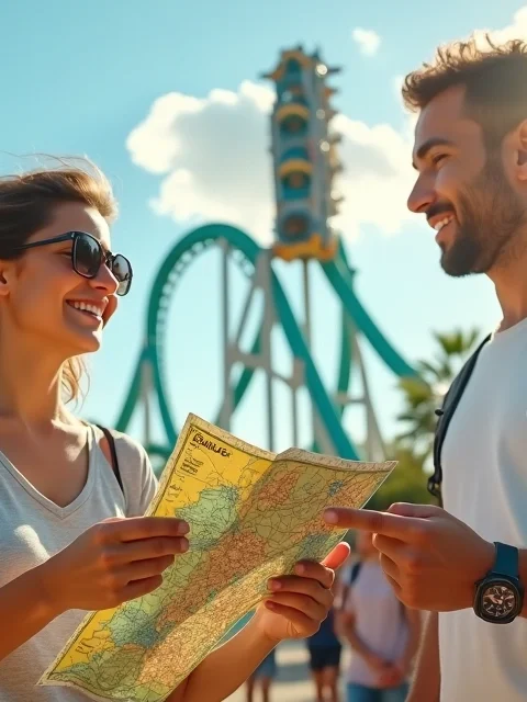 Turista apreensivo mas sorrindo olhando para montanha-russa ao fundo