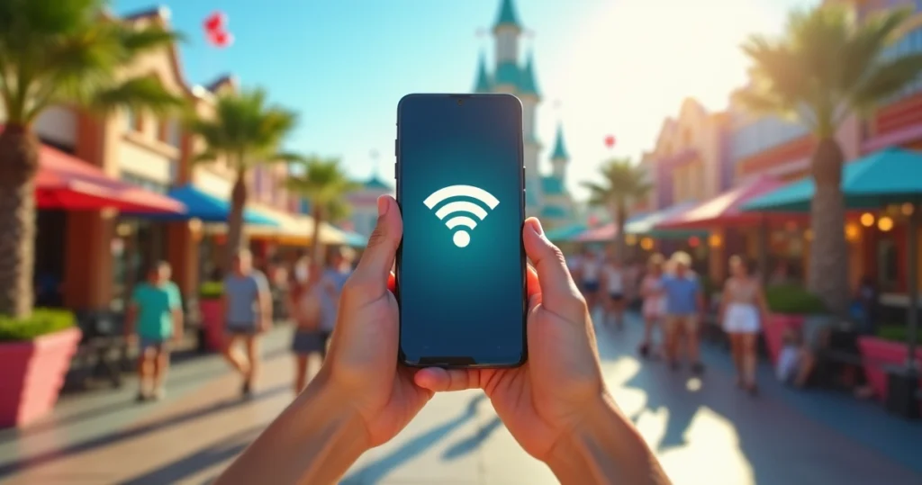Turista checando o celular com sinal de wi-fi em parque temático de Orlando