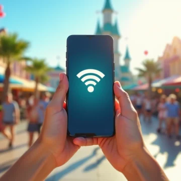 Turista checando o celular com sinal de wi-fi em parque temático de Orlando