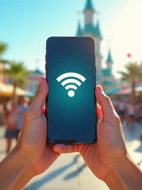 Turista checando o celular com sinal de wi-fi em parque temático de Orlando